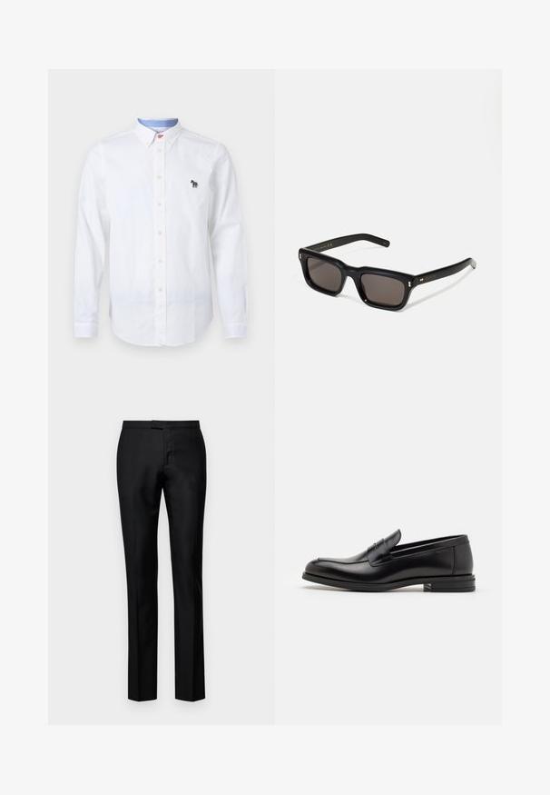 Chemise blanche à boutons en coton, dotée d'un col, de manches longues et d'un logo zèbre coloré brodé sur la poitrine.; Pantalons noirs ajustés avec une texture lisse, design à jambes droites, fermeture éclair, taille standard, dotés de poches avant discrètes.; Mocassins en cuir noir avec une texture lisse, bout rond et une sangle décorative sur le dessus. Talon bas empilé, design minimaliste.; Lunettes de soleil noires rectangulaires avec des verres foncés, monture en plastique épais, accents dorés sur les branches et logo de la marque gravé sur le bras.