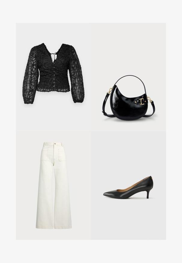 Hofmann Copenhagen JULY TOP - Blúz - black; Széles szárú farmernadrág off-white denim anyagból. Magas derekú dizájn, gombos záródással, két elülső zsebbel és kontrasztos varrási részletekkel.; Fekete bőrpumpa hegyes orral, alacsony sarokkal és sima felülettel. Elöl enyhe nyílással rendelkezik, hátul pedig minimális részletezéssel.; Fekete lakkbőr kézi táska, ívelt formával, állítható pánttal és aranyszínű fém részletekkel az oldalon. Simább, fényes felület.