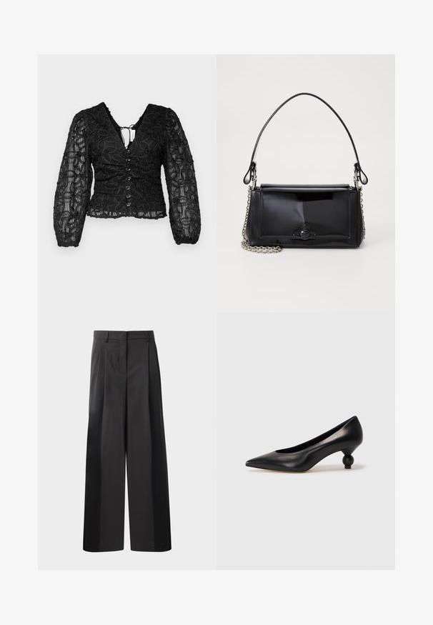 Hofmann Copenhagen JULY TOP - Bluză - black; Pantaloni negri cu talie înaltă, cu picioare largi, având pliseuri frontale, o textură netedă și un finisaj croit. Concepuți pentru o croială relaxată.; Pantofii cu toc înalt din piele neagră, cu vârf ascuțit și toc rotund, mimos. Textură netedă, cu un design elegant și minimalist.; Geantă din piele patent neagră, cu o formă rectangulară, mânere din lanț și un accent distinctiv din metal în centru. Textură netedă.