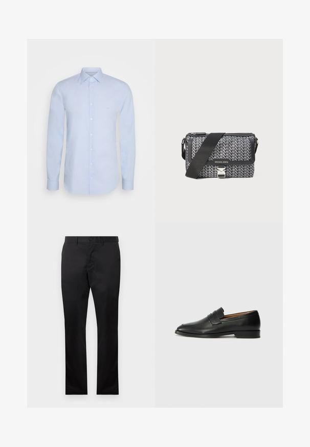 Camisa de manga larga azul claro hecha de algodón suave, con cuello clásico, cierre de botones y un sutil logo en el pecho.; Pantalones de algodón negros con un diseño de pierna recta, que cuentan con un cierre de botón frontal y bolsillos laterales, textura suave y sin patrones visibles.; Mocasín de cuero negro con punta redonda, detalles de costura sutil y un tacón bajo, que presenta una textura suave y un diseño minimalista.; Bolso bandolera de patrón negro y gris con un diseño geométrico, cierre con cremallera y un detalle de hardware en tono plateado. Incluye una correa ajustable.