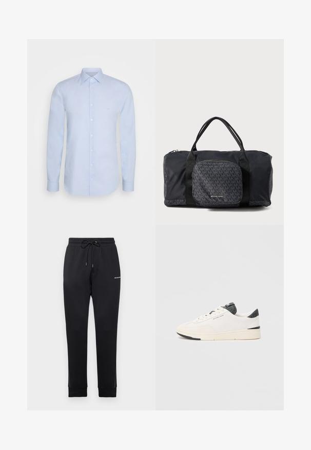 Camisa de manga longa azul clara, feita de algodão suave, com colarinho clássico, fecho de botão e uma marcação discreta no peito.; Calças de moletão pretas feitas de uma mistura de algodão, com uma cintura elástica com cordão, detalhes em painéis laterais e um pequeno logótipo impresso.; Sapatilha branca com laterais em malha perfurada, bico em camurça macia, detalhes texturizados escuros no calcanhar e na língua, e sola de borracha.; Mala de náilon preta com padrão repetido do logótipo MK, apresentando alças duplas e um bolso frontal com fecho de correr. Textura suave e design multifuncional.