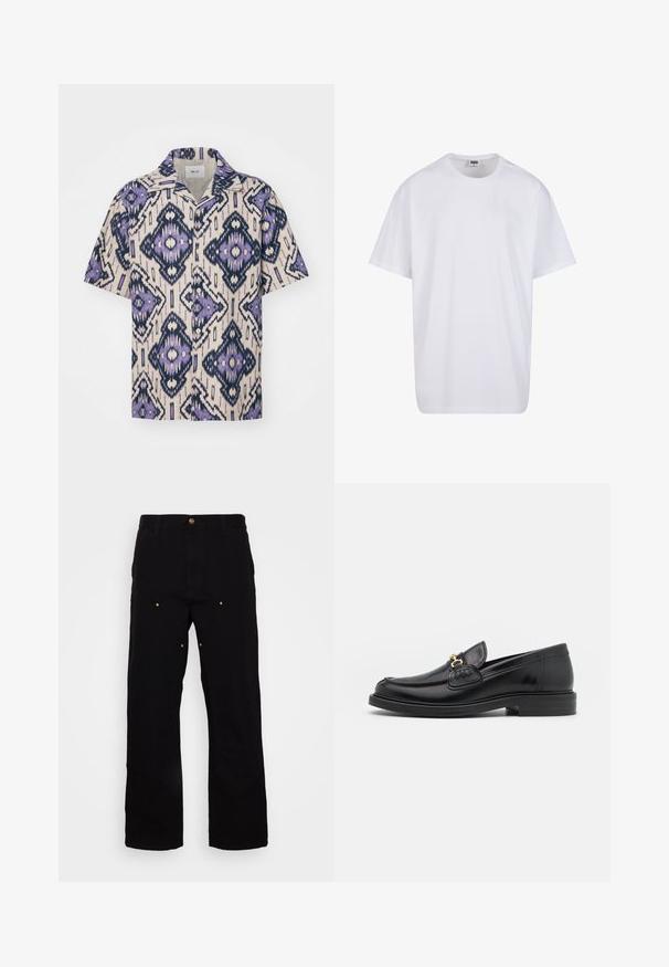 Kurzarm-Hemd mit Knöpfen in Creme, ausgestattet mit einem komplizierten geometrischen Muster in Lila und Marineblau. Hergestellt aus leichtem Stoff mit lockerer Passform.; Weiße Baumwoll-T-Shirt mit kurzen Ärmeln, rundem Ausschnitt, lockerer Passform und ohne sichtbare Logos oder Muster. Glatte Textur und minimalistisches Design.; Schwarze Denim-Hosen mit geradem Bein, ausgestattet mit goldenen Hardware-Akzenten und sichtbaren Nähten an den Vorder- und Gesäßtaschen.; Schwarze Lederleter mit einer abgerundeten Zehenpartie, ausgestattet mit goldenen Hardwareakzenten und Stichdetails, auf einer niedrigen, strukturierten Gummisohle.