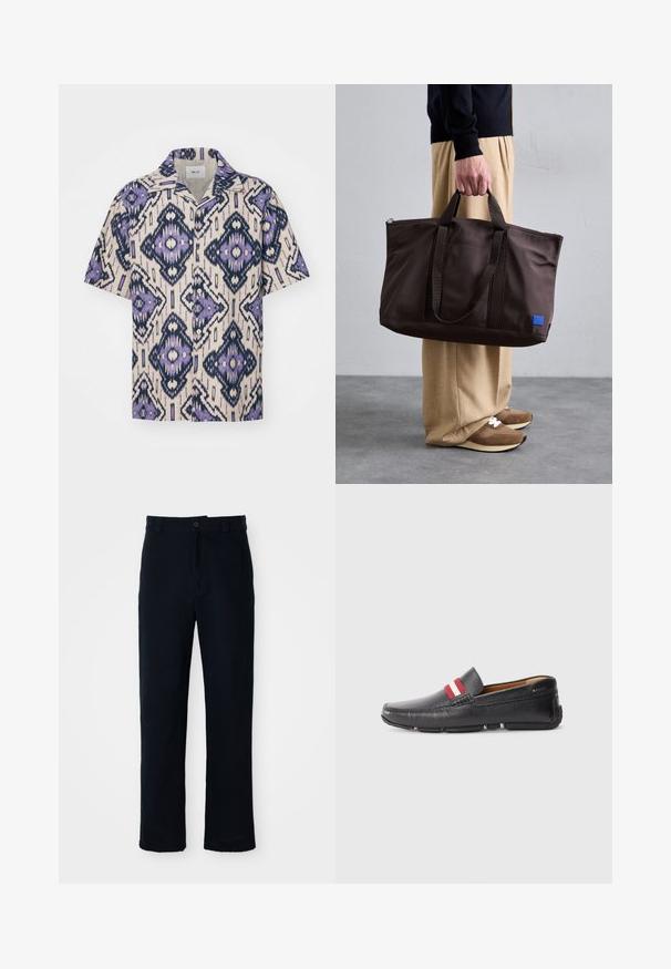 Lühikeste varrukatega nööpidega särk koorevärvi, millel on keeruline lilla ja tumesinine geomeetriline muster. Valmistatud kergest kangast, millel on vabalt langev lõige.; Tumed sinelased püksid puuvillast, sirge lõikega, eesnupu sulgemisega ning klassikalise vöökohaga, kus on vööaasad.; Mustmust nahk kingad, millel on tekstureeritud pind, punase ja valge triibuga aksent peal, ümar varvas ja kummist talla.; Pruun nailonist kott kahekordsete käepidemetega, lukuga sulgemine ja sinine logo silt. Sile tekstuur, struktureeritud disain, avar sisemus.