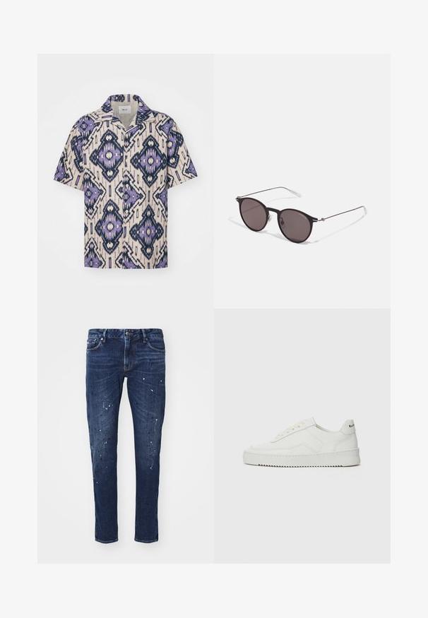 Camicia a maniche corte con bottoni color crema, caratterizzata da un intricato motivo geometrico viola e navy. Realizzata in tessuto leggero con una vestibilità rilassata.; Jeans in denim blu scuro con vestibilità slim, caratterizzati da schizzi di vernice, cuciture visibili e design classico a cinque tasche. Taglio dritto.; Sneaker in pelle bianca con una finitura liscia, punta rotonda, lacci piatti e suola testurizzata. Presenta un logo discreto sul tallone.; Occhiali da sole neri rotondi con lenti scure e sottili bracci in metallo. Include punte trasparenti e accenti argentati alla cerniera. Design minimalista.