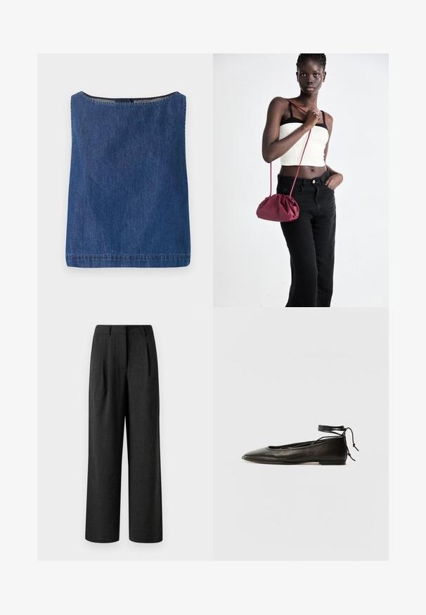 Denim-topp med firkantet utrigning og uten ermer. Mørk blå farge, ren finish med synlige sømmer og en litt strukturert overflate.; Svarte vide bukser laget av teksturert stoff, med frontfolder og skreddersydd midjebånd, designet for en løs passform.; Svarte lær balletflater med spiss tå, ankelbånd og flat såle, som har en glatt tekstur og minimalistisk design.; Burgunderfarget myk stoffhåndveske med en samlet design og en lang stropp, båret som en crossover. Modellen har på seg en hvit crop-top og svarte jeans.