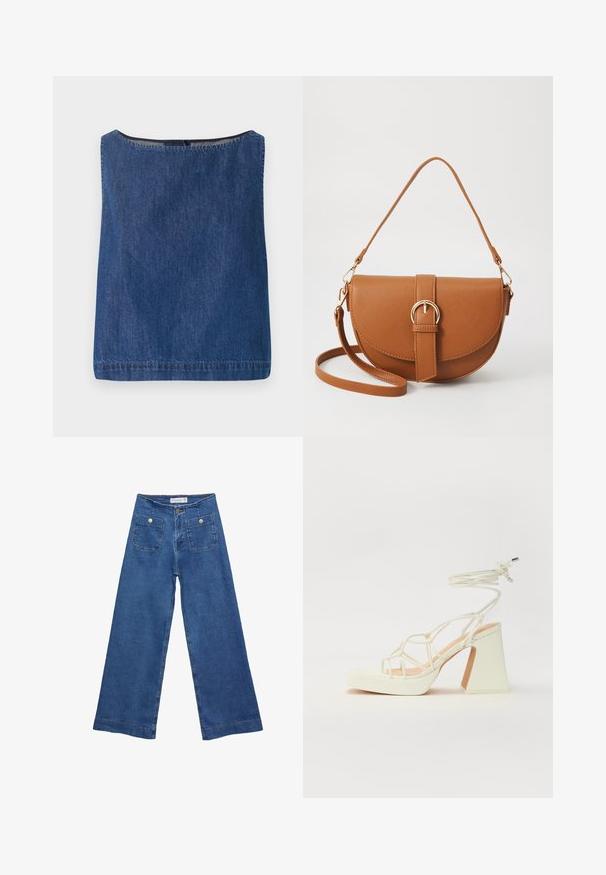 Denim-Oberteil mit quadratischem Ausschnitt und ohne Ärmel. Dunkelblaue Farbe, saubere Verarbeitung mit sichtbaren Nähten und einer leicht strukturierten Oberfläche.; Denim-Hosen im weiten Schnitt mit einer mittleren blauen Waschung, zwei Vordertaschen mit Knopfverschluss und genähten Details entlang der Säume.; Weiße High-Heel-Sandale mit einem klobigen Absatz, die über ein Riemchendesign und ein Knöchelband verfügt. Glatte Textur mit einer Plattform vorne für zusätzliche Höhe.; Braune Leder-Crossbody-Tasche mit geschwungener Form, goldfarbenen Beschlägen und einer Schnallenakzentuierung. Verfügt über einen abnehmbaren Schultergurt.