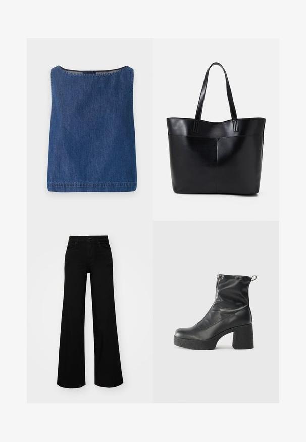 Denim top med firkantet halsudskæring og uden ærmer. Mørkeblå farve, ren finish med synlige sømme og en let tekstureret overflade.; Sorte bukser med bred benvidde lavet af denim, med en struktureret talje, bæltesløjfer og forlommer. Glat tekstur med et klassisk design.; Sorte ankelstøvler lavet af glat læder, med en sidelukning, kraftig struktureret hæl og rundt tådesign.; Sort læder tote taske med to lange håndtag, en glat tekstur og en struktureret form. Har en forlommem for ekstra opbevaring.