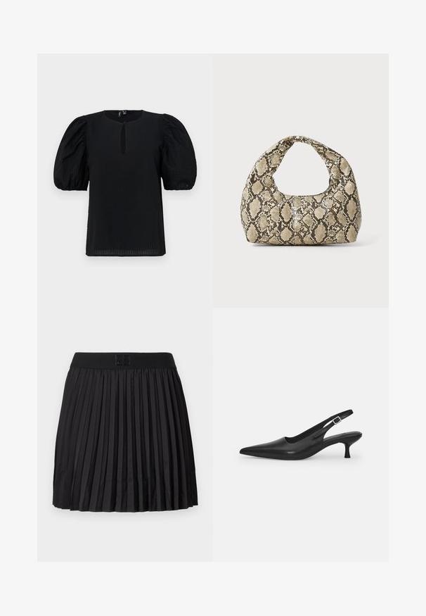 Black blouse with puffed sleeves, round neckline, and a small front keyhole detail. Textured fabric with subtle grid pattern.; Black pleated skirt with a smooth texture, featuring a solid black waistband and an embossed logo detail at the front.; Black leather slingback shoe with a pointed toe and a slim, curved heel. Features a discrete adjustable strap with a metal buckle.; Snake-print handbag with a curved handle. Made from textured, beige and brown materials, featuring a distinctive diamond pattern.