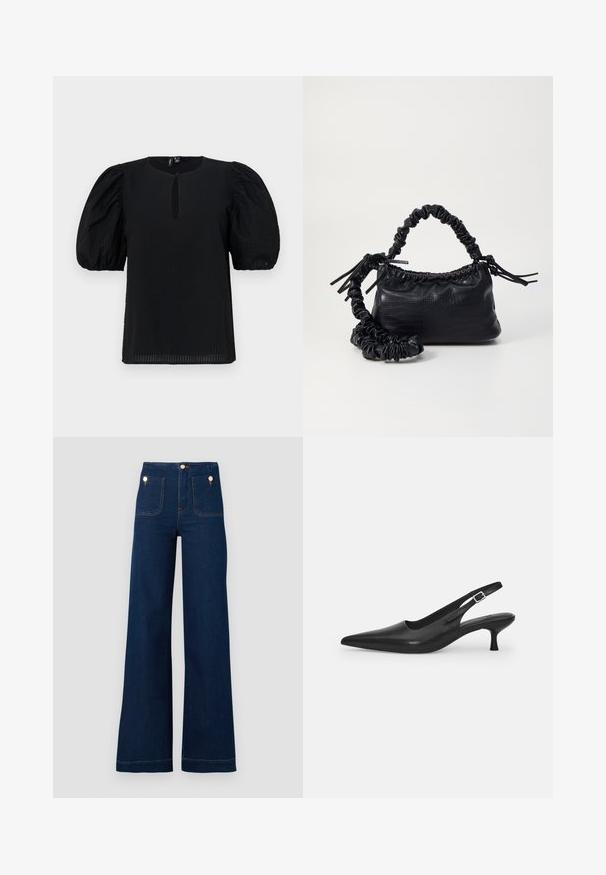 Black blouse with puffed sleeves, round neckline, and a small front keyhole detail. Textured fabric with subtle grid pattern.; Dark blue wide-leg jeans with high waist, gold button accents, two front and back pockets, and contrasting stitch details. Textured denim fabric.; Black leather slingback shoe with a pointed toe and a slim, curved heel. Features a discrete adjustable strap with a metal buckle.; Black faux leather handbag with a crocodile texture, cinched top, and a scrunched strap. Appears soft and compact in design.