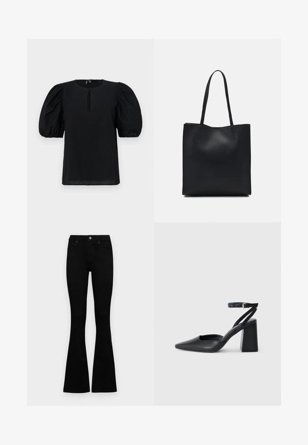 Musta paita puffituilla hihoilla, pyöreällä kaula-aukolla ja pienellä avomaisella yksityiskohdalla edessä. Rakenteellinen kangas, jossa on hienovarainen ruutukuosis.; Mustat korkeavyötäröiset farkut nappi- ja vetskariyläosalla, etutaskuilla ja levenevillä lahkeilla, asetettuna tasaisesti valkoista taustaa vasten.; Mustat nahkakengät, joissa on kapea kärki, nilkkaremmi ja paksu korko. Tasainen pinta, tyylikäs muotoilu ja minimalistinen estetiikka.; Mustapahkainen kangaskassi, jossa on sileä pinta, suorakaiteen muotoinen ja kaksi pitkää kahvaa. Ei näkyvää metalliosaa tai koristeita.