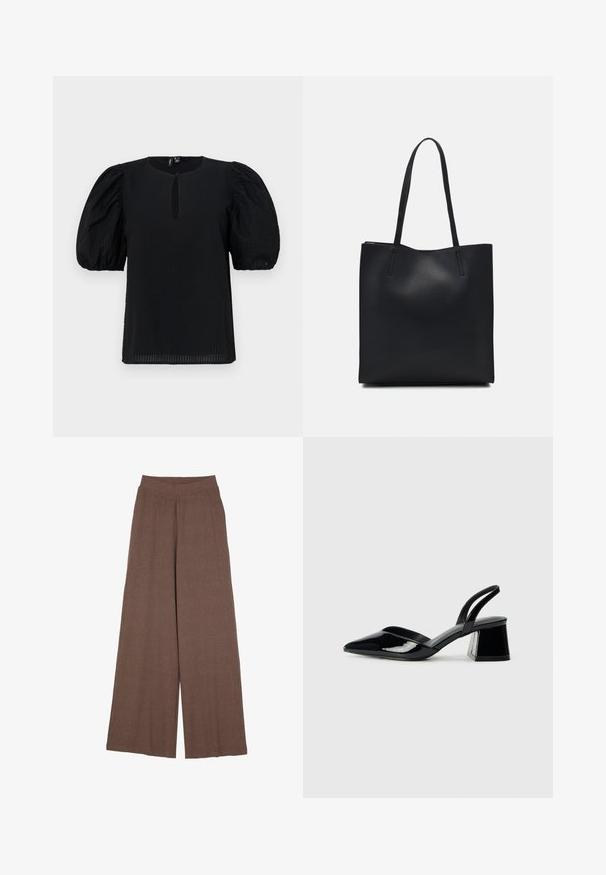 Black blouse with puffed sleeves, round neckline, and a small front keyhole detail. Textured fabric with subtle grid pattern.; Wide-leg trousers made of a textured, ribbed fabric in a warm brown color. Features a seamless waistband and flowing silhouette.; Black patent leather slingback heels with a pointed toe and a geometric block heel. Features a sleek, minimal design and smooth texture.; Black leather tote bag with smooth texture, rectangular shape, and two long handles. No visible hardware or embellishments.