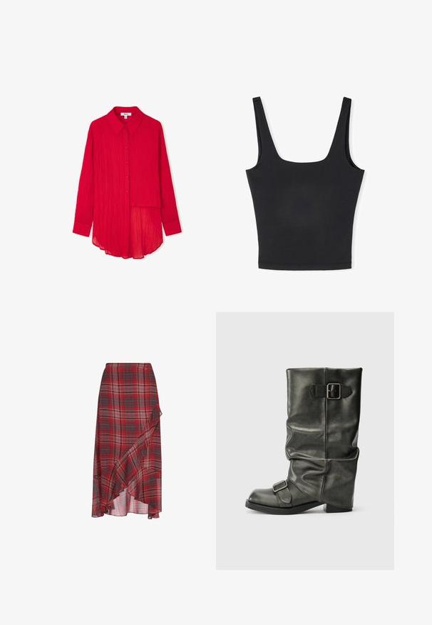 Rode, gekreukte stoffen shirt met een puntige kraag, knopen aan de voorkant, lange mouwen en een gebogen zoom. Heeft een asymmetrische overlay aan de voorkant.; Zwart tanktop met brede bandjes, vierkante halslijn en een getailleerd ontwerp. Gemaakt van gladde stof met een naadloze zoom voor een nette afwerking.; Rode geruite rok van lichtgewicht stof, met een ruffled zoom en een asymmetrisch ontwerp. Bevat tinten grijs en wit in het patroon.; Zwarte faux leren enkellaars met een slordige schacht, een chunky hak en twee metalen gespen aan de zijkant voor detail.