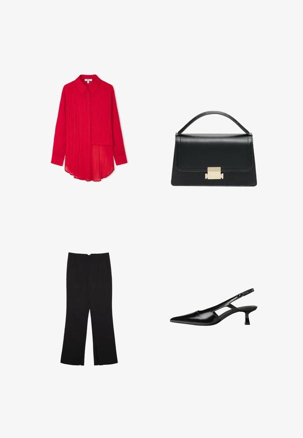 Rode, gekreukte stoffen shirt met een puntige kraag, knopen aan de voorkant, lange mouwen en een gebogen zoom. Heeft een asymmetrische overlay aan de voorkant.; Zwarte broek met een rechte pasvorm, voorzien van zijzakken en plooien aan de onderzijde. Gemaakt van zachte, gladde stof. Geschikt voor verschillende gelegenheden.; Zwarte gepatineerde leren slingback hakken met een puntige neus, uitsparing aan de zijkant en een kleine vierkante hak. Gladde textuur met minimale accenten.; Zwarte lederen handtas met een gestructureerd ontwerp, bovenhandgreep en een gouden metalen sluitingdetails aan de voorkant. Gladde textuur, minimale stiksels.