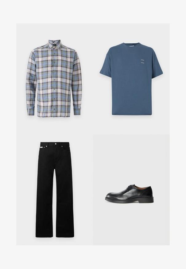 Ruudullinen paita valkoisessa, sinisessä, vihreässä ja purppurassa sävyssä. Ominaisuuksiin kuuluvat napillinen kaulus, pitkät hihat ja etunapit. Kevyt kangas.; Sininen puuvillahuppari, jossa on klassinen pyöreä pääntie, lyhyet hihat, rento malli ja kaksi pientä painettua logoa rinnassa. Tasainen pinta.; Mustat farkut leveällä lahkeella, joissa on viisi taskua ja metalliset napit. Sileä pinta, ei näkyviä kuvioita.; Musta nahkakengät, joissa on pyöreä kärki, sileä pinta, nauhakoristeet ja matala, kuvioitu kumipohja. Siistit linjat ja minimalistinen muotoilu.