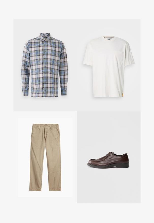 Tinklinė marškiniai balta, mėlyna, žalia ir violetine spalvomis. Su atlenkiamu kraštu, ilgomis rankovėmis ir priekiniais mygtukais. Lengvas audinys.; Balta medvilnė t-shirt su apvalia iškirpte, trumpomis rankovėmis ir kišene kairėje krūtinės pusėje. Yra nedidelis logotipo ženkliukas ant šono siūlės.; Bežiniai tiesaus kirpimo chinos kelnės su diržo kilputėmis, priekyje esančia mygtuko ir užtrauktuko uždarymo sistema, bei šoninėmis kišenėmis.; Rudo odinės bateliai su apvaliu pirštu, minimaliais siuvinėjimo akcentais ir tvirtu juodu padu. Yra raištelių užsegimas ir glotni tekstūra.