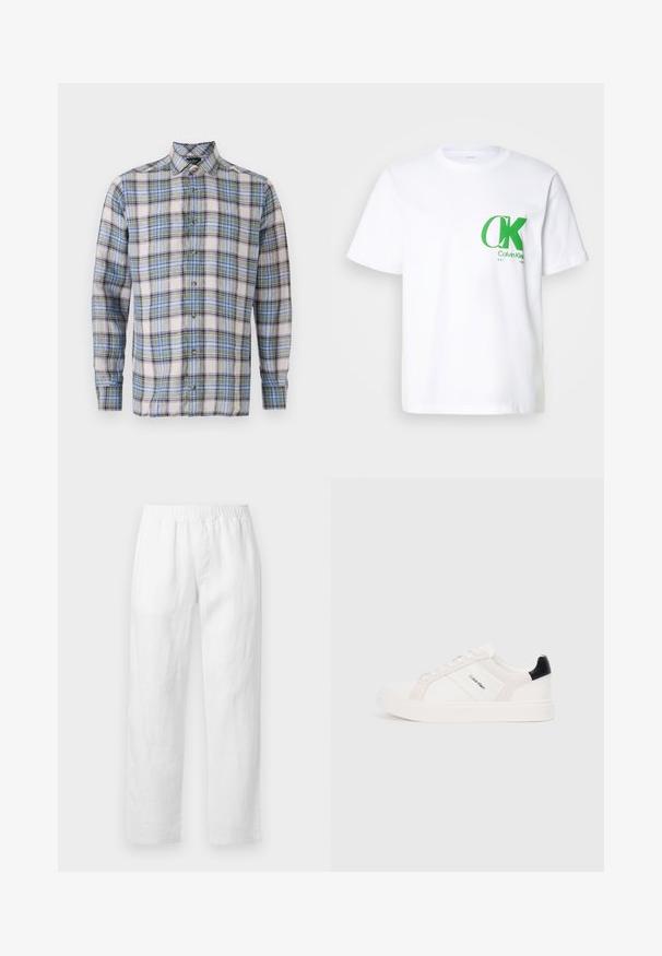 Pledaina krekls baltā, zilā, zaļā un purpura krāsā. Tam ir pogātā apkakle, garās piedurknes un priekšējās pogas. Viegls audums.; Balts kokvilnas T-krekls ar zaļu CK logo kreisajā krūtīs. Klasiska apļa kakla dizains ar īsām piedurknēm un taisnu apakšdaļu.; Baltas lina bikses ar elastīgu vidukli, taisniem bikšu galiem un mīkstu tekstūru bez redzamām rakstu zīmēm vai metāla detaļām.; Baltās kedas ar gaiši rozā un melniem akcentiem, ar gludu ādu un zamšādas paneļiem, apaļu purngalu un plakanu gumijas zoli.