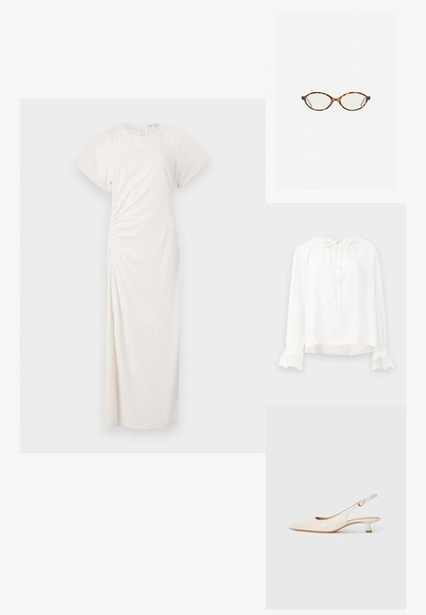 Witte blouse met lange mouwen van soepel materiaal, met een ronde halslijn, knoopsluiting en manchetten met kant. Het kan worden aangepast met een strik om de hals.; Witte jurk met korte mouwen, ronde halslijn en ruches aan de zijkanten; gladde stof met een vloerlange silhouet.; Crèmekleurige puntneus slingback schoen met lage kittenheel en gouden gesp op een effen witte achtergrond.; Kattenoogbril met ovale lenzen en een strakke, gladde afwerking. Heeft dunne zijkanten met een subtiele kromming bij de slapen. Transparante lenzen.
