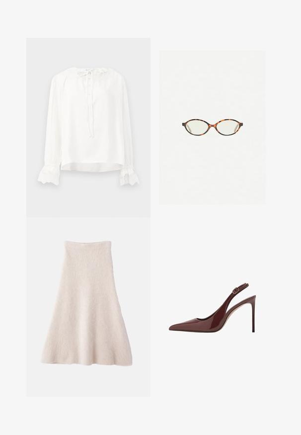 Bela srajca z dolgimi rokavi, izdelana iz gladkega blaga, z okroglo ovratnico, zapenjanjem na gumb in manšetami obrobljenimi z čipko. Prilagaja se z vrvico okoli vratu.; Svetlo bež A-linijsko krilo iz mehkega, teksturiranega blaga, z gladkim pasom in tokom silhuete.; Temno rjava paten usnjena visoka peta s koničastim nosom in nastavljivim zaponko ter tankim stiletto petam.; Kornjačaste očala z ovalnimi lečami in gladko, sijočo površino. Imajo tanke stranice z rahlim ovinkom na templjih. Prosojne leče.