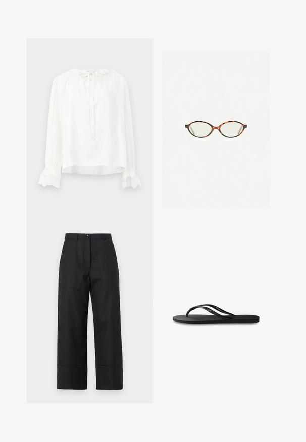 Bílá dlouhá blůza s dlouhým rukávem vyrobená z hladké látky, s kulatým výstřihem, zapínáním na knoflíky a manžetami zdobenými krajkou. Upravuje se pomocí zavazování na krku.; Černé kalhoty s širokými nohavicemi vyrobené z hladké látky. Obsahují zapínání na knoflík, přední kapsy a čisté linie. Lem je mírně rozšířený.; Černé žabky s texturovanou gumovou podrážkou, dvěma štíhlými popruhy a jemným, embosovaným logem na popruhu.; Želvovinové brýle s oválnými čočkami a hladkým, jemným povrchem. Má tenké bočnice s jemným zakřivením v chrámcích. Čiré čočky.