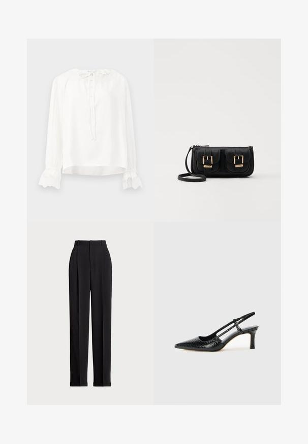 Weiße Bluse mit langen Ärmeln aus glattem Stoff, versehen mit einem runden Halsausschnitt, Knopfverschluss und Spitzenbesatz an den Säumen. Mit einer Krawatte am Hals verstellbar.; Schwarze, taillierte Hose mit hoher Taille, mit Falten vorne, geradem Bein-Design und umgeschlagenem Saum. Aus glattem Stoff gefertigt.; Schwarze Lack-Slingback-Pumps mit spitzem Zehenbereich, versehen mit strukturiertem Schlangenprint, verstellbarem Riemen und einem kurzen, strukturierten Blockabsatz.; Schwarze Leder-Umhängetasche mit zwei vorderen Taschen, goldenen Schnallen, Reißverschluss und einem schmalen Tragegurt. Texturierte Oberfläche und kompakte rechteckige Form.; Goldfarbene Metall-Hoops mit einer geschwungenen, länglichen Form. Sie verfügen über eine glatte, glänzende Oberfläche und eine abgerundete Spitze für zusätzliche Details.