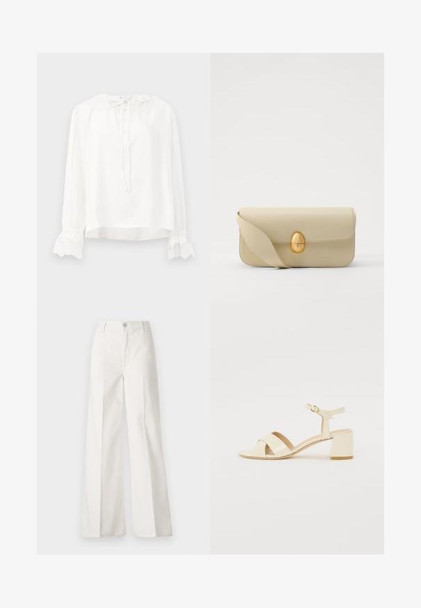 Witte blouse met lange mouwen van soepel materiaal, met een ronde halslijn, knoopsluiting en manchetten met kant. Het kan worden aangepast met een strik om de hals.; Witte wijde-broek gemaakt van katoen met een gladde textuur. Voorzien van een knoop aan de voorkant, ritsopening en vierzakkenontwerp.; Beige gepolijst lederen sandalen met hakken, voorzien van een kruisbandontwerp, open teen, verstelbare enkelband en een blokhak. Gladde textuur.; Beige leren handtas met een gladde textuur, rechthoekige vorm en een gouden ovale sluiting. Beschikt over een lange, verstelbare schouderband.