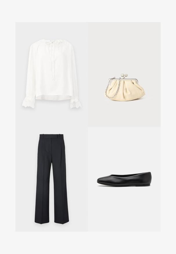 Weiße Bluse mit langen Ärmeln aus glattem Stoff, versehen mit einem runden Halsausschnitt, Knopfverschluss und Spitzenbesatz an den Säumen. Mit einer Krawatte am Hals verstellbar.; Dunkelblaue Nadelstreifenhosen mit hoher Taille, weit geschnittenem Bein und ohne sichtbare Beschläge oder Verzierungen. Glatte Textur und taillierte Passform.; Paul Smith TOPANGA - Klassischer Ballerina - black; Faltige beigefarbene Ledertasche mit einem silbernen Metallrahmen, ausgestattet mit zwei runden dekorativen Verschlüssen und einem silbernen Kettenriemen.