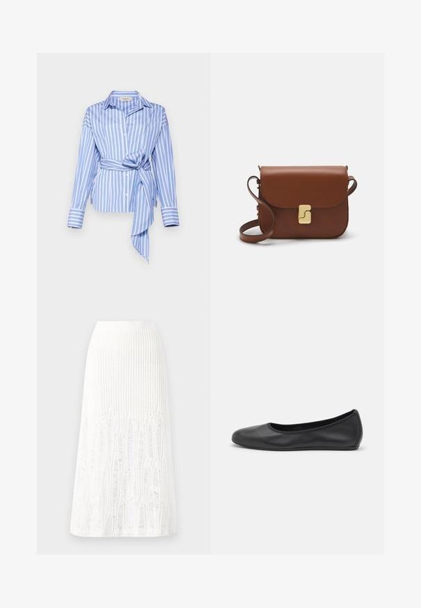 Light blue long-sleeve shirt with vertical white stripes, featuring a tied waist detail and button front, made of smooth fabric.; White short-sleeve t-shirt made of ribbed fabric. Round neckline, regular fit, and subtle stitching details. No patterns or graphics.; Knit white midi skirt featuring a textured pattern with vertical lines and cut-out details near the hem. Elastic waistband. Soft material.; Black leather ballet flat with a rounded toe, smooth texture, minimal stitching detail, and a flexible sole design.; Brown leather handbag with a flap closure, gold-tone hardware, a shoulder strap, and a smooth texture. Compact rectangular shape.