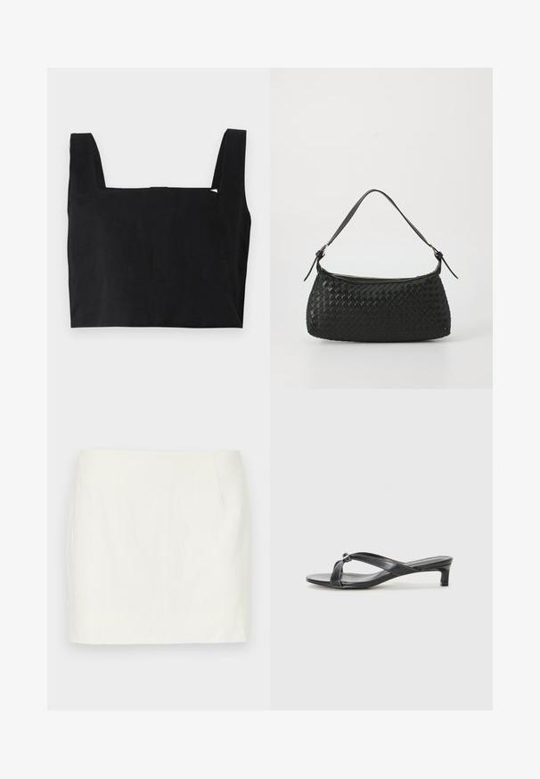 Melnas kokvilnas cropped tops ar kvadrātveida izgriezumu un platām siksnām. Audumam ir gluda tekstūra un minimālisma dizains.; Balta līna mini svārki ar taisnu piegriezumu, ar sānu kabatām un gludu tekstūru. Nav redzamu rakstu vai akcentu.; Melnas papēžu sērijas sandales ar krustu siksnu dizainu no gludas sintētiskās vielas. Iespējo zemu bloku papēdi un dekoratīvu akcentu siksnu savienojumā.; Melns austs plecu soma ar gludu ādas siksnu un rāvējslēdzēja aizdari. Iezīmējas ar teksturētu virsmu un izliekumu.