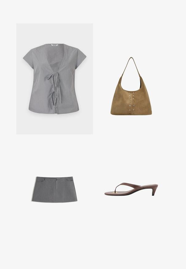 Szary, prążkowany top z dekoltem w kształcie litery V i krótkimi rękawami. Posiada zapięcie z przodu na węzeł oraz miękką teksturę materiału. Pionowe paski dodają wizualnego zainteresowania.; Szara spódnica o prostym kroju, z dwiema przednimi kieszeniami, z zapinaniem na guziki z przodu oraz delikatnym wzorem tekstury.; Brązowe sandały na obcasie w stylu klapek z wąskim paskiem i zaokrąglonym palcem, z małym złotym akcentem na wkładce.; Suede torba na ramię w odcieniu brązowym o luźnym kroju, z metalowymi ćwiekami z przodu jako detal oraz jedną szeroką rączką.