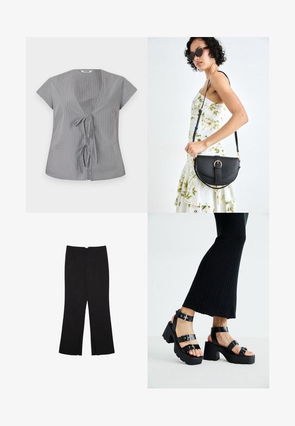 Grau gestreiftes Oberteil mit V-Ausschnitt und kurzen Ärmeln. Verfügt über einen vorderen Bindeschluss und einen weichen Stoff. Vertikale Streifen sorgen für visuelles Interesse.; Schwarze Hose mit geradem Schnitt, ausgestattet mit Fronttaschen und Seitenschlitzen am Saum. Hergestellt aus weichem, glattem Stoff. Geeignet für verschiedene Anlässe.; Schwarze Plattform-Sandalen mit robusten, profilierten Sohlen und mehreren Riemen, ausgestattet mit metallischen Schnallen und einer glatten, lederähnlichen Textur.; Schwarze Lederhandtasche mit geschwungener Form, abnehmbarem Tragegurt und goldenen Beschlägen. Die Tasche verfügt über einen Deckel mit einer Schnallen-Details.