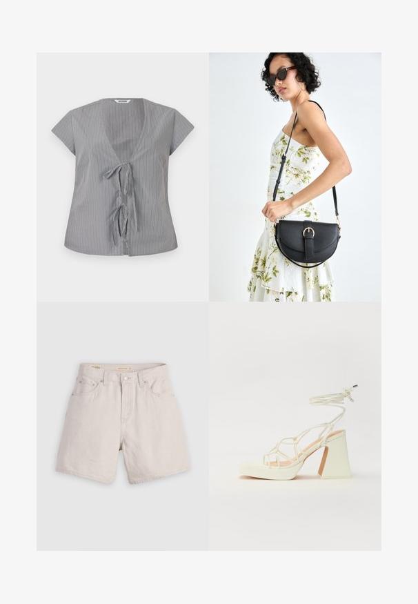 Grijs gestreepte top met een V-hals en korte mouwen. Heeft een sluiting met een strik aan de voorkant en een zachte stofstructuur. Verticale strepen voegen visuele interesse toe.; Beige high-waisted denim shorts met een knoopsluiting aan de voorkant, riemlussen en een vijf-pocketontwerp; lichtgewicht met een gladde textuur.; Witte hoge hakken sandaal met een chunky hak, met een bandjesontwerp en enkelband. Gladde textuur met een plateau voor extra hoogte.; Zwarte leren handtas met een gebogen vorm, afneembare schouderband en gouden hardware. De tas heeft een klep met een gespsluiting.