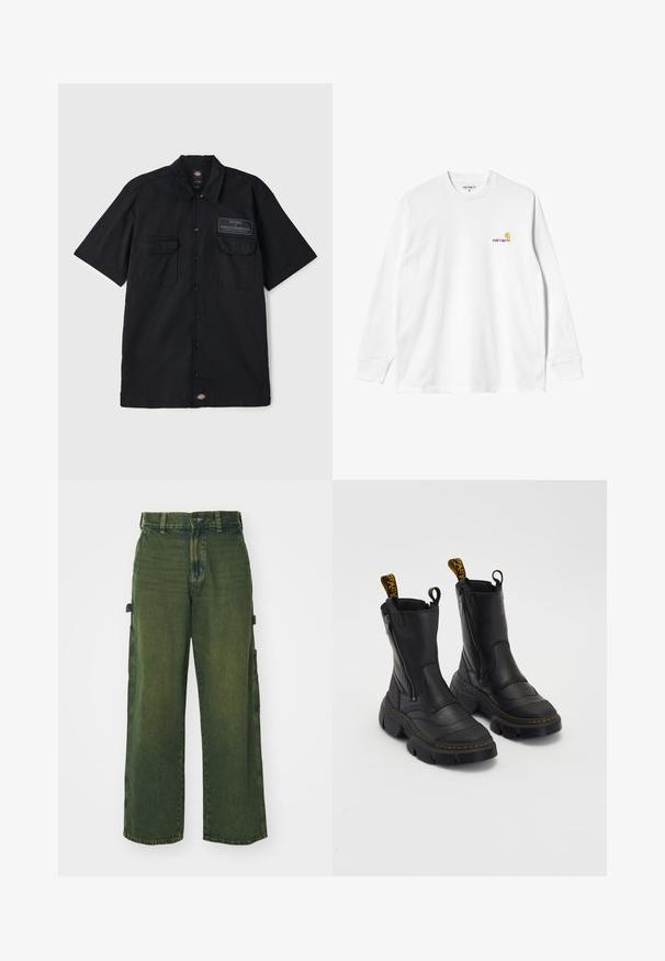 Camicia nera a maniche corte, con bottoni, realizzata in cotone, dotata di due tasche sul petto e un logo ricamato. Texture liscia, design del colletto classico.; T-shirt bianco di cotone a maniche lunghe con collo a girocollo, caratterizzato da un piccolo logo giallo e borgogna sul lato sinistro del petto. Polsini e orlo senza cuciture.; Pantaloni cargo in denim verde con gambe larghe, dotati di tasche laterali, texture sbiadita e classica chiusura con bottone e zip.; Stivali alla caviglia neri in pelle con suola spessa, cerniera laterale, parte superiore imbottita e linguetta gialla a contrasto. Superficie testurizzata con dettagli in cucitura.