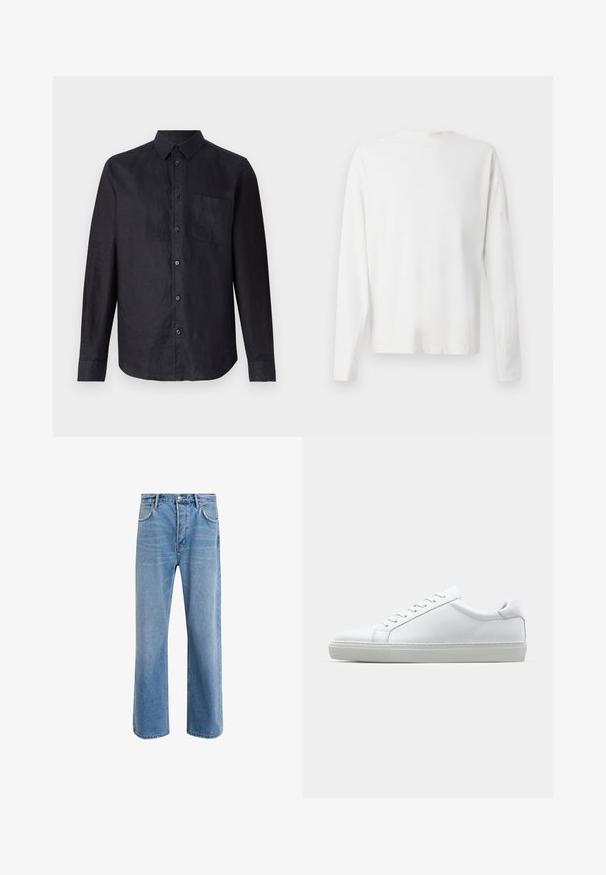 Camicetta nera a maniche lunghe in tessuto testurizzato, con chiusura a bottoni, colletto classico e una tasca applicata sul lato sinistro del petto.; Camicia bianca in cotone a maniche lunghe con scollatura rotonda, spacchi laterali in fondo e una texture liscia, mostrata da dietro.; Jeans in denim blu chiaro con design a gamba dritta, cinque tasche, chiusura con bottone, leggero sbiadimento e dettagli di cucitura a contrasto.; Sneaker bianco con tomaia in pelle liscia e profilo basso. Presenta una punta arrotondata, sei occhielli e una suola in gomma testurizzata.