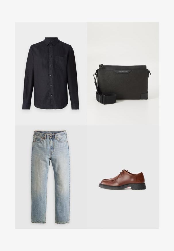 Crna majica dugih rukava od teksturiranog materijala, s gumbima sprijeda, klasičnom kragnom i džepom na lijevoj strani prsnog područja.; Svijetloplave traperice visoki struk, prednji gumb, zatvarač i dizajn s pet džepova, položene ravno na neutralnoj pozadini.; Smeđe kožne cipele za svečane prilike s okruglim vrhom, kontrastnim šavovima, vezanjem i teksturiranom crnom gumenom podlogom.; Crna kožna tašna preko tijela s teksturiranom površinom, sa zatvaranjem na munju i podesivim remenom. Logotip na prednjoj strani. Pravokutnog oblika.