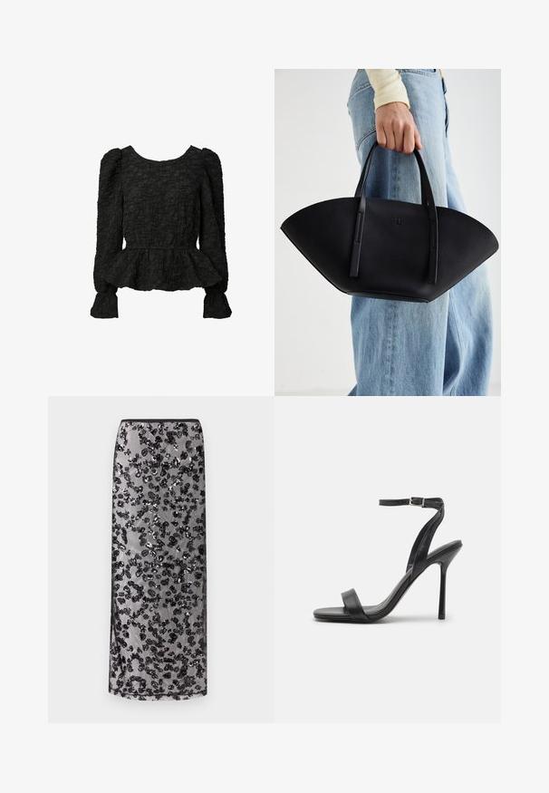 Svart peplum-topp med strukturert stoff, rund hals, lange pufferm og gathered midje. Overflaten har et rynket mønster.; Lang svart skjørt med gjennomsiktig overlegg prydet med spredte svarte paljettblomster, mot en nøytral bakgrunn.; Svarte høyhælte sandaler med en slank ankelrem og to fremre bånd. Laget av glatt lær med en glatt, spiss tå og stiletthæl.; Svart skinnveske med en unik vifteform, med flate håndtak. Overflaten har en pebblelignende tekstur og et minimalistisk design.