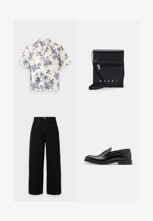 Hemd mit kurzen Ärmeln aus cremefarbenem Stoff mit blauem tropischem Palmenmuster, ausgestattet mit einem klassischen Kragen und einer Knopfleiste.; Schwarze Baumwoll-Hosen mit weitem Bein, hoher Taille, Fronttaschen, silberfarbenem Knopf und sauberem Saum.; Schwarze Lederloafers mit glatter Textur, rundem Zehenbereich und einem dekorativen Riemen über dem Vorderfuß. Niedriger, gestapelter Absatz, minimalistisches Design.; Schwarze Leder-Crossbody-Tasche mit einer Reißverschlusstasche vorne, geprägtem Logo und verstellbarem Tragegurt. Glatte Oberfläche mit strukturierter Form.