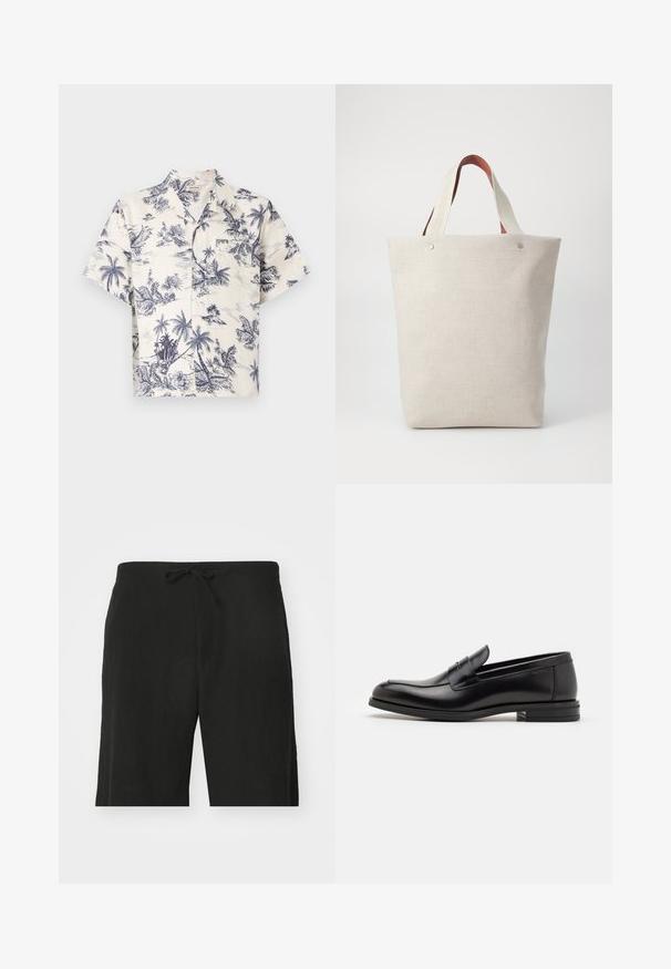 Camicia a maniche corte in tessuto crema con stampa tropicale di palme blu, caratterizzata da un colletto standard e chiusura con bottoni.; Pantaloni corti neri in lino con vita regolabile, caratterizzati da una vestibilità rilassata e un design lungo fino al ginocchio. Texture liscia, stile semplice e classico.; Mocassini neri in pelle con una texture liscia, punta arrotondata e una striscia decorativa sulla tomaia. Tacco basso impilato, design minimalista.; Borsa a tracolla in tessuto beige chiaro con finitura testurizzata, dotata di due manici in pelle marrone a contrasto e dettagli metallici nella parte superiore.