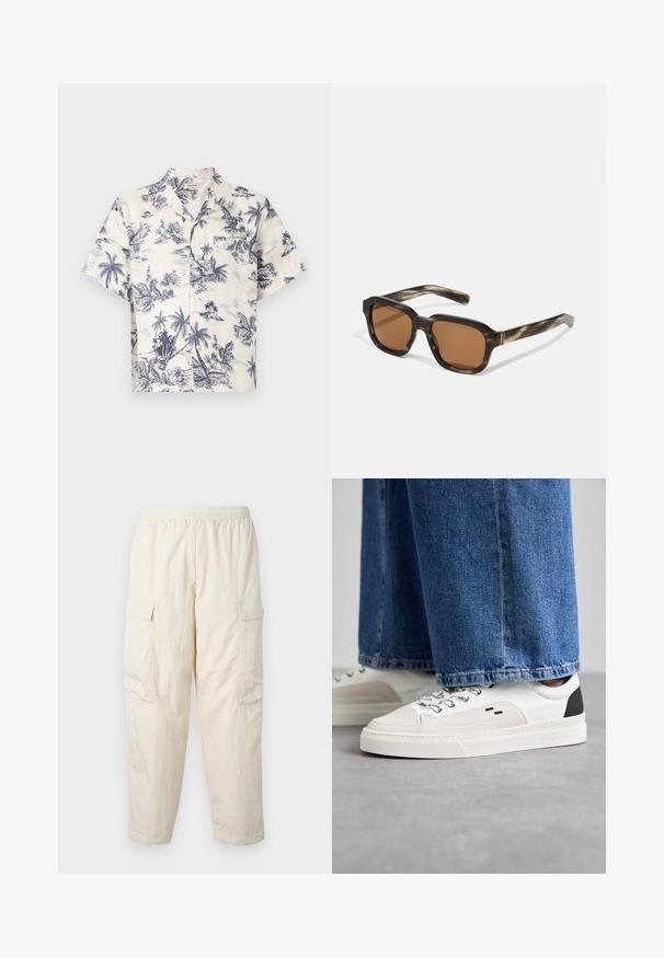 Košeľa s krátkym rukávom z krémovej látky s modrým tropickým palmovým vzorom, so štandardným golierom a zapínaním na gombíky.; Béžové cargo nohavice s elastickým pásom, obsahujúce dve bočné vrecká a mäkký, ľahký materiál. Zvrásnená textúra.; Biele a čierne tenisky s hladkým koženým zvrškom, štruktúrovanými akcentmi a masívnou bielou podrážkou. Obsahujú klasický dizajn so šnurovaním.; Plastové slnečné okuliare s korytnačím vzorom, octagonálne hnedé šošovky a tenké zlaté akcenty na ráme.
