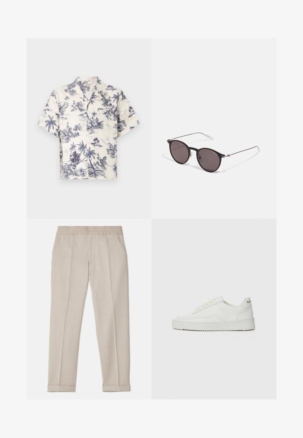Cămașă cu mânecă scurtă din material crem, cu imprimeu tropical cu palme albastre, având guler standard și închidere cu nasturi.; Filippa K TERRY CROPPED TROUSERS - Pantaloni - sage melange; Sneakers din piele albă cu un finisaj neted, vârf rotund, șireturi plate și o talpă texturată. Prezintă un logo subtil pe călcâi.; Ochelari de soare negri rotunzi cu lentile întunecate și brațe metalice subțiri. Include vârfuri transparente pentru brate și accente argintii la balama. Design minimalist.
