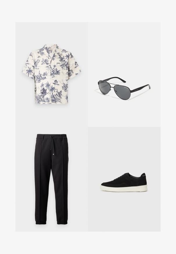 Kortsleeve skjorte i kremfarget stoff med blå tropisk palmeprint, med standard krage og knappfront.; Sorte bukser med liv, snor og elastiske mansjetter. Har plisséer og et glatt, teksturert stoff.; Svart semsket sneakers med snøring og kontrasterende hvit gummisåle. Har teksturerte sidepaneler og subtil merkevare på hælen.; Svarte pilotbriller med mørke linser, tynn metallramme og slanke plastarmer med logo aksenter.