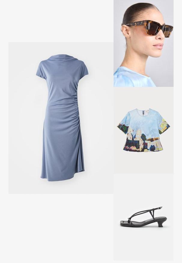 Rövid ujjú felső művészi kék és színes nyomattal, plisszírozott aljjal és hátsó cipzárral.; Rövid ujjú ruha világoskék színben, csepp szabású nyakkivágással és oldalsó gyűrődésekkel, laza siluettel és térd alatti hosszal.; Fekete bőr szandál vékony pántokkal, alacsony blokk sarkú és négyzetes orrú. Csattal záródik és sima textúrájú.; Tortakártyás napszemüveg vastag, téglalap alakú kerettel. Sötét lencsék és arany színű díszítések a szárakon. Simító, fényes felület.; Fehér, textúrált kistáska gyűrött dizájnnal, arany lánc pánttal. Simító felület finom hullámokkal és lekerekített élekkel.; Ezüst gyöngy fülbevalók, ívelt, bab forma. Simább, fényes felület és rögzített kapocs és hátlap.