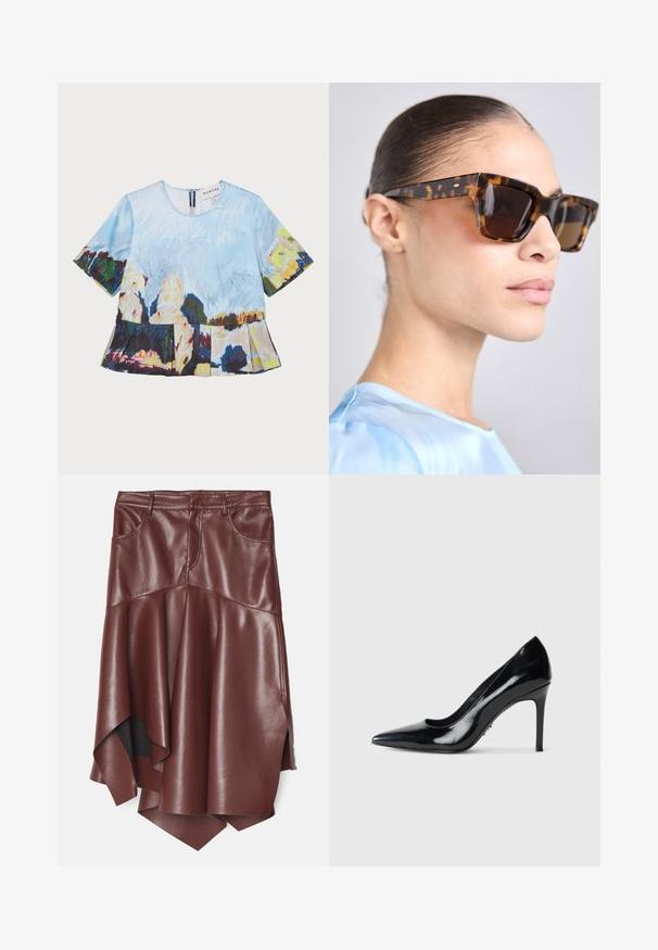 Īsām piedurknēm tops ar māksliniecisku zilu un daudzkrāsainu apdruku, ar pleitu apakšdaļu un aizmugurēju rāvējslēdzēju.; Brūna mākslīgās ādas svārki ar izplesto, asimetrisku apakšmalu, aprīkoti ar divām priekšējām kabatām un gludu, spīdīgu tekstūru.; Melnas patentētas ādas augstpapēžu kurpes ar šauru stiletto papēdi uz vienkrāsaina balta fona.; Tortoiseshell saulesbrilles ar masīvu, taisnstūra formu. Tumši stikli un zelta toni akcenti pie tempļiem. Gluda, spīdīga virsma.