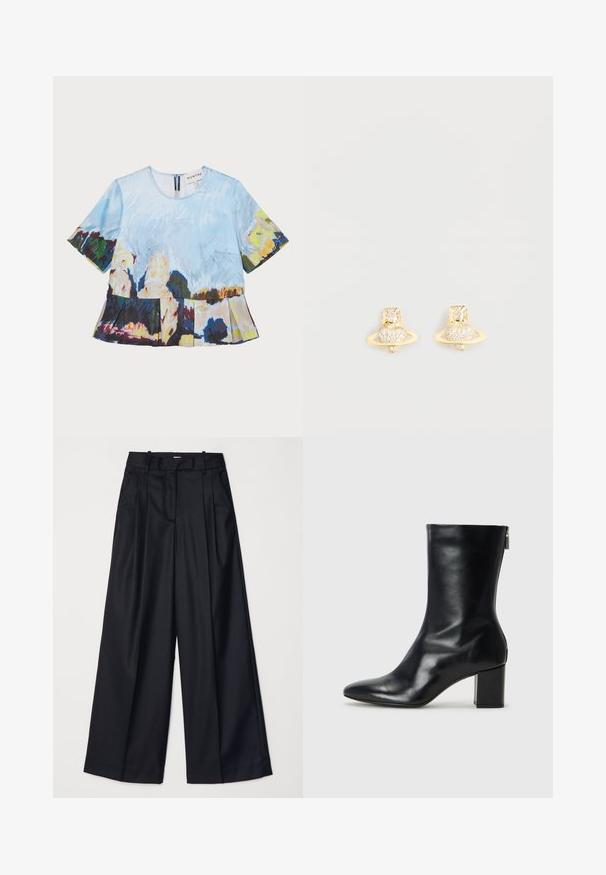 Lühikeste varrukatega särk kunstipärase sinise ja mitmevärvilise printiga, pleeditud äärega ja taga zipp-kinnitusega.; Mustad laiad püksid, mis on valmistatud sileda kangaga, kõrge vöökoha, voldikute ja vormitud disainiga. Vöökoha juures on lihtne must riistvara.; Must musta ankle boot teravaid varvastega ja 4 cm plokknõela. Suurepärase disainiga, millel on külgrihm lihtsaks läbi panemiseks. Sile tekstuur.; Kullatud tooni kõrvarõngad, millel on Saturni disain, tekstureeritud ribaga ja sisse pandud ringikujulised kristallid lisasära jaoks.