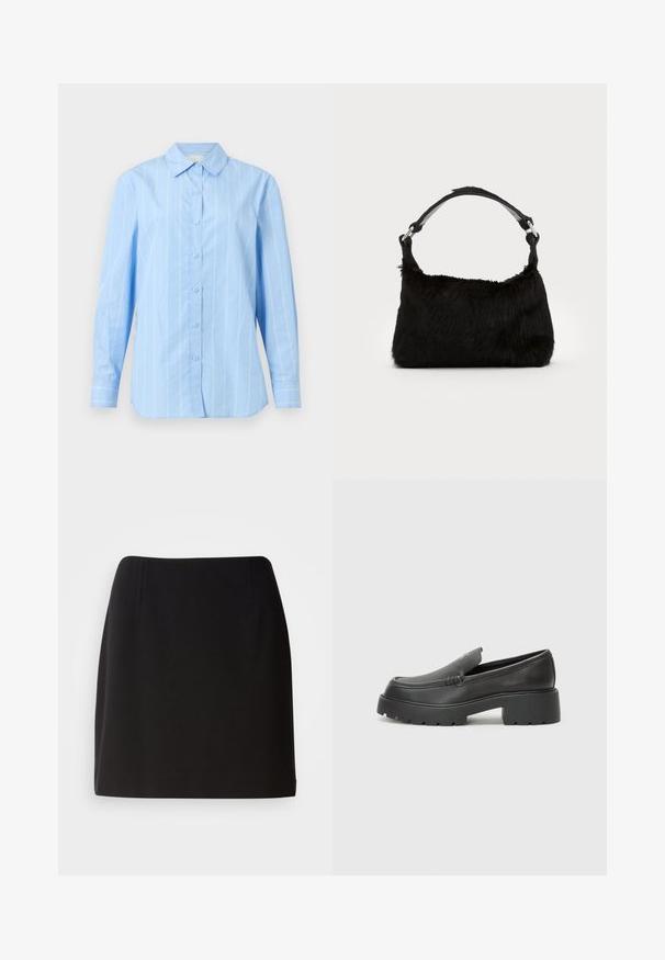 Svetlomodrá košeľa na gombíky s vertikálnymi bielymi pruhmi, dlhými rukávmi, špicatým golierom a gombíkovými manžetami. Bavlnený materiál s hladkou textúrou.; Čierna rebrovaná tielko s tenkými ramienkami a logom Calvin Klein. Jednoduchý, priliehavý strih s hladkou textúrou a bez ďalších vzorov.; Čierna sukňa s priliehavým strihom, vyrobená zo hladkej tkaniny. Má jemné predné záhyby a strih do polovice stehien.; Čierne kožené mokasíny s okrúhlou špičkou, hrubou textúrovanou podrážkou a minimom stehovej výzdoby. Štíhly dizajn bez viditeľných šnúr alebo kovania.; Čierna kabelka z umelého kožušiny s jemnou textúrou, zaobleným tvarom a pevným čiernym koženým ramenným popruhom. Viditeľné akcenty zo strieborného kovu.