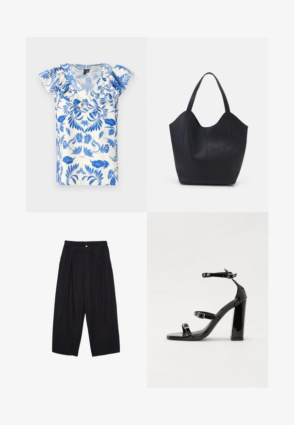 Kurzärmliges Oberteil mit floralen Mustern in Blau auf einem cremefarbenen Hintergrund, mit einem V-Ausschnitt und Rüschendetails an den Schultern.; Schwarze Polyester-Culotte mit einem elastischen Bund, zwei vorderen Falten und einer lockeren Silhouette. Keine sichtbaren Muster oder Hardware-Details.; Schwarze patentierte Sandalen mit Absatz, quadratischer Spitze, Knöchelriemen und silbernen Schnallen. Mit einem stabilen Blockabsatz für mehr Stabilität.; Schwarze Tote-Bag aus glattem Leder, mit einem abgerundeten, offenen Oberteil, zwei Schulterträgern und einem minimalistischen Design.