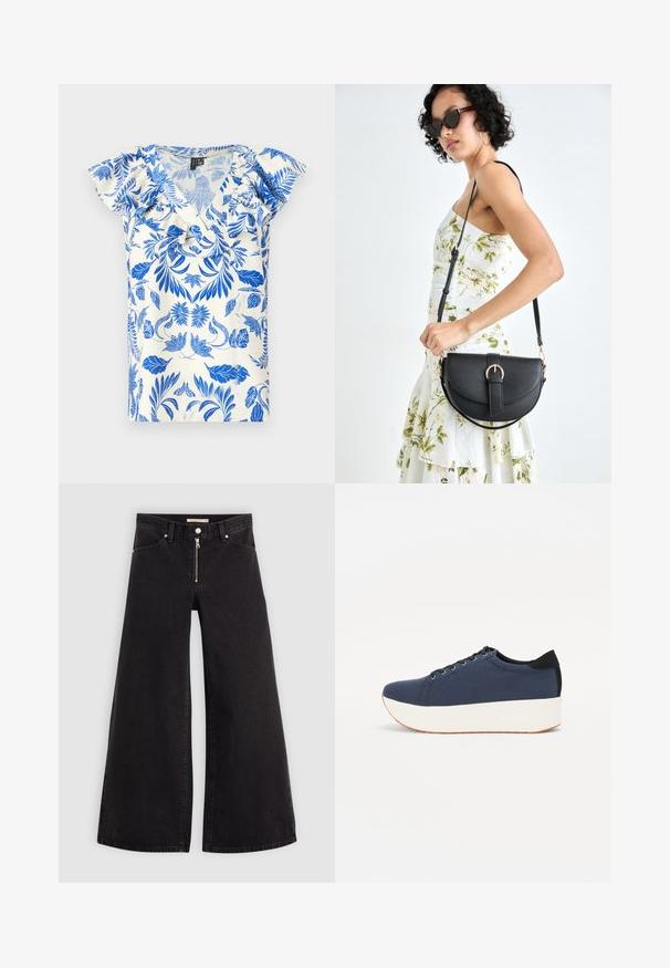 Rövid ujjú felső, kék virágmintával krém színű háttéren, V-kivágással és fodros díszítéssel a vállaknál.; Fekete denim széles szárú farmer, cipzáros elejével, öt zsebes kialakítással és diszkrét varrással. Sima textúra és laza stílus.; Sötétkék sportcipő, texturált szövet felsőrész, fehér platform talp, lekerekített orr és fekete sarok akcentussal. Hat fűzőlyuk található rajta.; Fekete bőrtáska ívelt formával, levehető pánttal és arany színű fémrészekkel. A táskán egy csattal díszített fedél található.