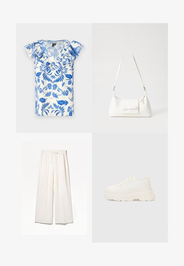 Lyhythihainen toppi, jossa on sininen kukkakuosi vaalean kermanvärisellä taustalla, v-pääntie ja röyhelökoristeet harteilla.; Valkoiset leveälahkeiset housut, jotka on valmistettu kevyestä kankaasta ja joissa on joustava vyötärö, nyöritys sekä sivutaskut ilman näkyviä kuvioita.; Valkoinen kangaskenkä paksulla pohjalla, pyöreällä kärjellä ja viidellä nauhakuutiolla. Takareunan vipu helpottaa pukemista. Sileä pinta, minimalistinen muotoilu.; Valkoinen synteettinen käsilaukku, jossa on kolmikulmainen muoto, tasainen etu läppä ja nauhadetail, säädettävä olkahihna, sileä rakenne ja minimalinen muotoilu.