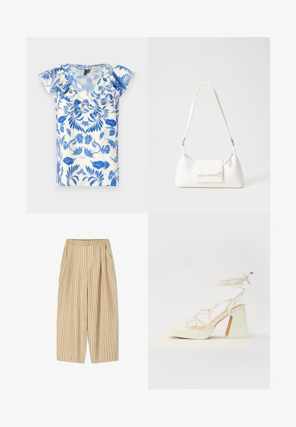 Kurzärmliges Oberteil mit floralen Mustern in Blau auf einem cremefarbenen Hintergrund, mit einem V-Ausschnitt und Rüschendetails an den Schultern.; Beige gestreifte Hosen mit elastischem Bund, zwei Seitentaschen, lockerer Passform und vertikalen schwarzen Nadelstreifen als Detail.; Weiße High-Heel-Sandale mit einem klobigen Absatz, die über ein Riemchendesign und ein Knöchelband verfügt. Glatte Textur mit einer Plattform vorne für zusätzliche Höhe.; Weiße synthetische Handtasche in dreieckiger Form, flache Vorderklappe und Schleifendetail, verstellbarer Trageriemen, glatte Textur und minimalistisches Design.