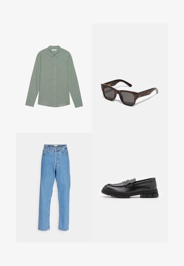 Langärmliges Hemd mit Knopfleiste aus leichten grünen Leinenstoff, mit spitzem Kragen und passenden Knöpfen, das eine dezente Textur aufweist.; Helle blaue, hoch-taillierte, gerade Jeans mit vorderem Knopf, Reißverschluss, Gürtelschlaufen und Fünf-Taschen-Design auf weißem Hintergrund.; Schwarze Lederloafer mit glatter Oberfläche, ausgestattet mit einem vorderen Riemendetail und einer klobigen Gummisohle mit gerippten Akzenten.; Sonnenbrille aus Schildpatt mit dunklen Gläsern, quadratischem Rahmen und silbernen Akzentnieten auf der Vorderseite. Aus Kunststoff, leicht und langlebig.