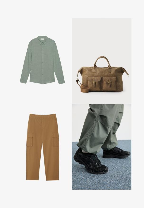 Långärmad skjorta i ljusgrön linne med spetsig krage och matchande knappar, med en subtil textur.; Bruna cargobyxor med två sidofickor, en slät front och rak benmodell. Tillverkade av ett hållbart tyg med en slät textur.; Svarta sportskor med glänsande och nätliknande texturer, med en tjock sula och snören, kombinerat med lösa olivgröna cargobyxor.; Brun läder duffelväska med två framfickor, justerbart axelband, guldfärgad hårdvara och stadiga handtag. Slät textur.